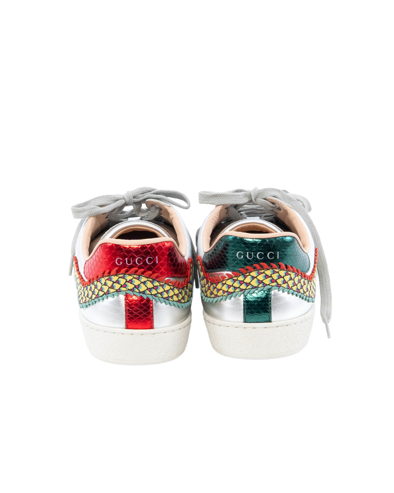 GUCCI ACE DRAGON SNEAKER 9.5 SILVER METTALLIC CALF SHW 73765 0114