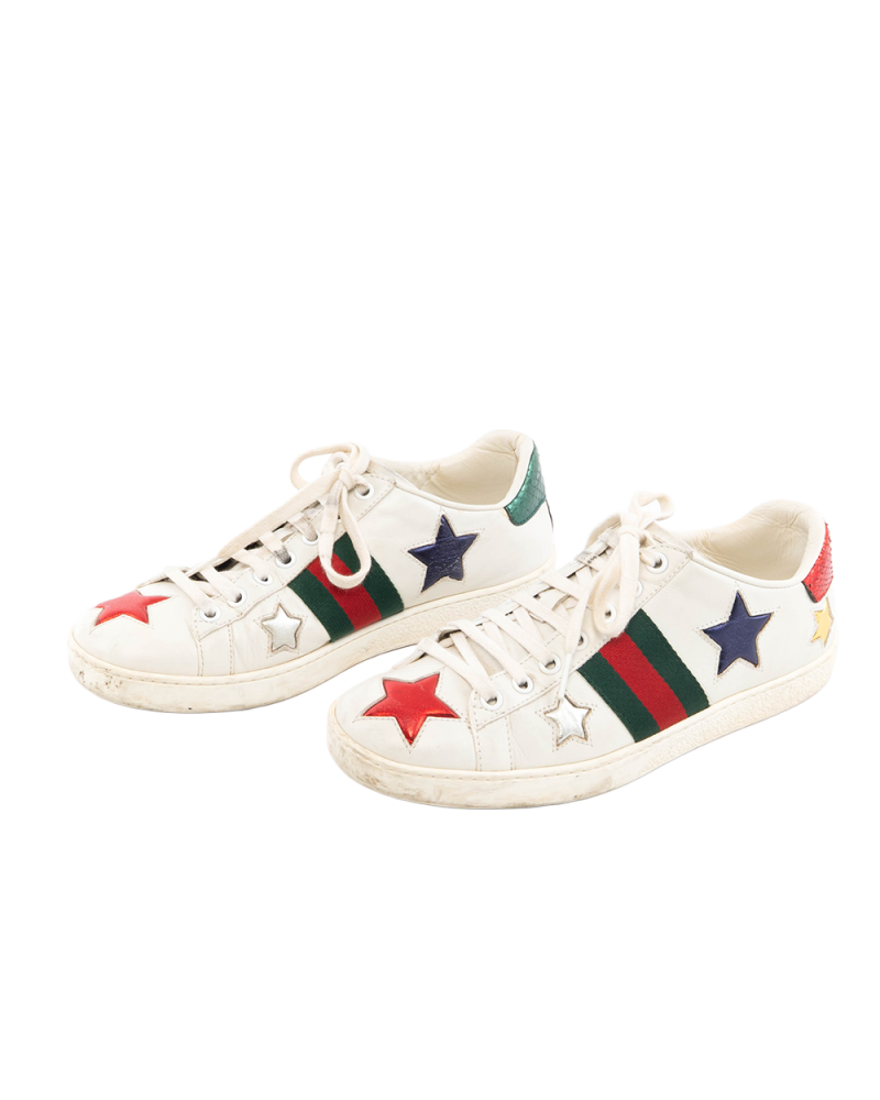 GUCCI ACE STAR SNEAKER 37 WHITE RDE GREEN CALF 454562 5512