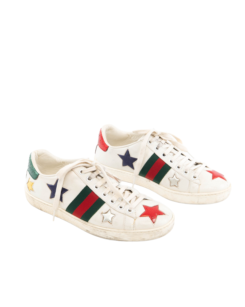 GUCCI ACE STAR SNEAKER 37 WHITE RDE GREEN CALF 454562 5513