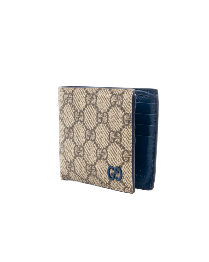 GUCCI BI FOLD WALLET SHORT BROWN BLUE GG MONOGRAM CANVAS 768243 0416 0531