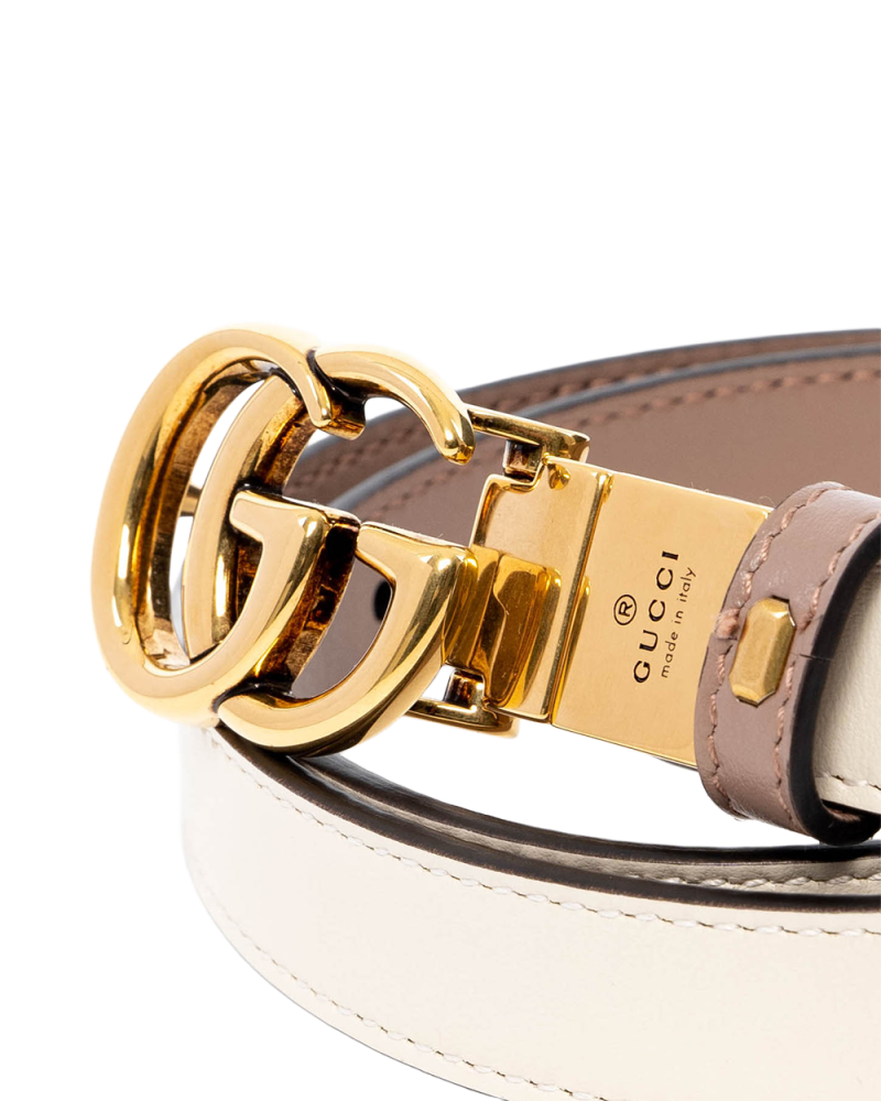 GUCCI GG MARMONT REVERSIBLE THIN BELT 75 WHITE NUDE CALF GHW 659418 OYATC 525040 04113
