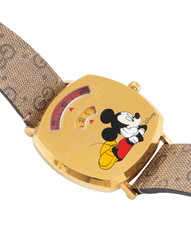 GUCCI GRIP DISNEY MICKEY MOUSE WATCH GOLD BROWN GG MONOGRAM CANVAS GHW 18146454 5639