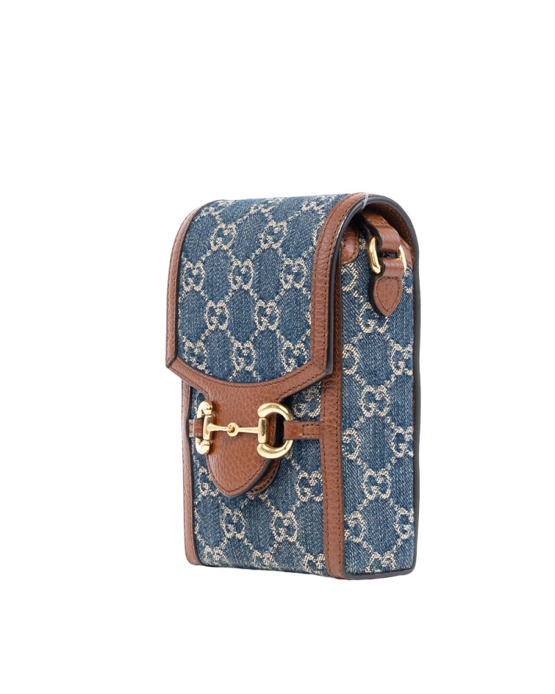 GUCCI HORSEBIT 1955 PHONE BLUE BROWN DENIM CALF GHW 625615 0416 3107