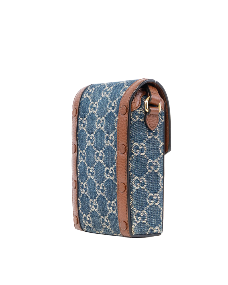 GUCCI HORSEBIT 1955 PHONE BLUE BROWN DENIM CALF GHW 625615 0416 3108