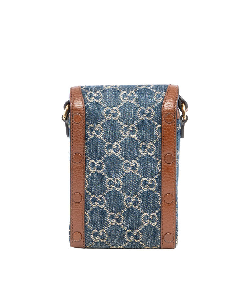 GUCCI HORSEBIT 1955 PHONE BLUE BROWN DENIM CALF GHW 625615 0416 3109
