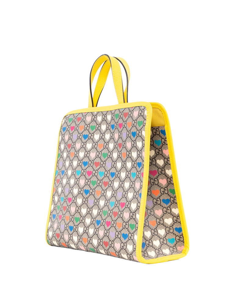 GUCCI KID S TOTE GG HEARTS BROWN YELLOW GG MONOGRAM CANVAS SHW 605614 527066 2351