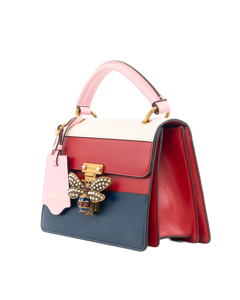 GUCCI QUEEN MARGARET TOP HANDLE RED NAVY WHITE CALF GHW 476541 520981 5538