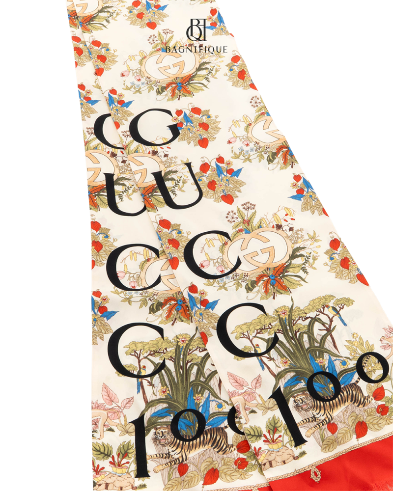 GUCCI SCARF FLORA 180 CM BEIGE RED SILK 692033 3G001 7955