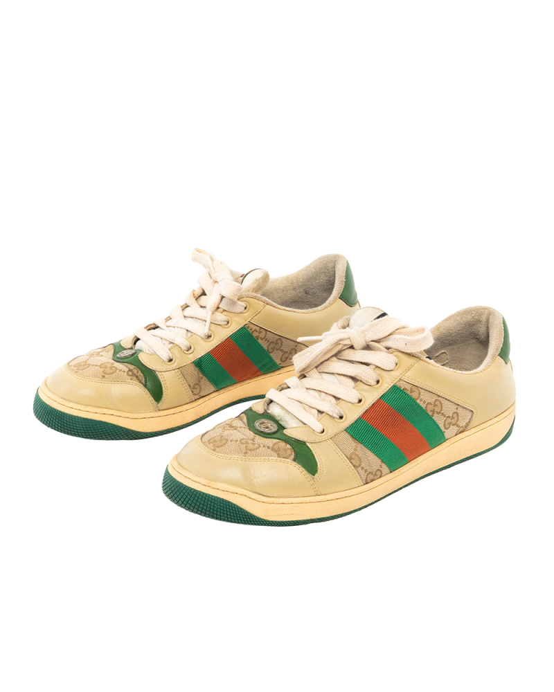 GUCCI SCREENER SNEAKER 8.5 WHITE BEIGE GREEN RED GG MONOGRAM CANVAS 3574