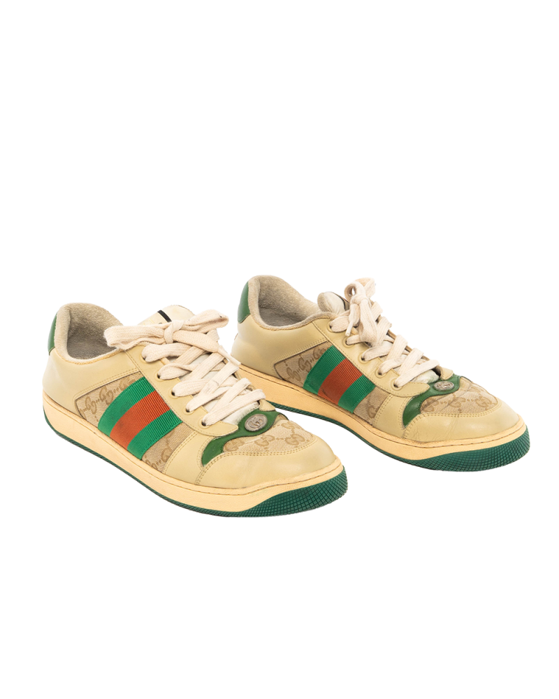 GUCCI SCREENER SNEAKER 8.5 WHITE BEIGE GREEN RED GG MONOGRAM CANVAS 3575
