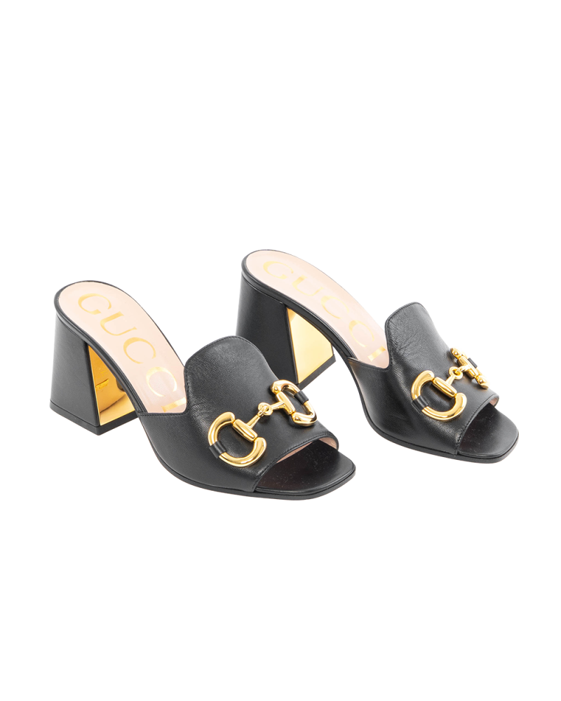 GUCCI SLIDES SANDLE WITH HORSEBIT 35 BLACK CALF GHW 655412 5178