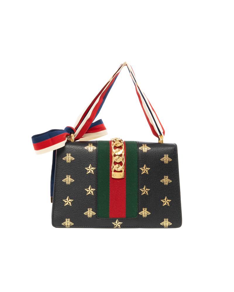 GUCCI SYLVIE BEE STAR SMALL BLACK RED GREEN CALF GHW 524405 493375 6002
