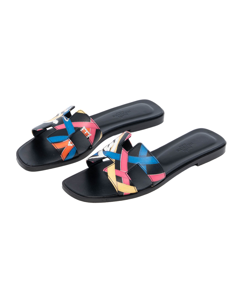 HERMES ORAN SANDALS 38.5 BLACK MULTICOLOR 1330