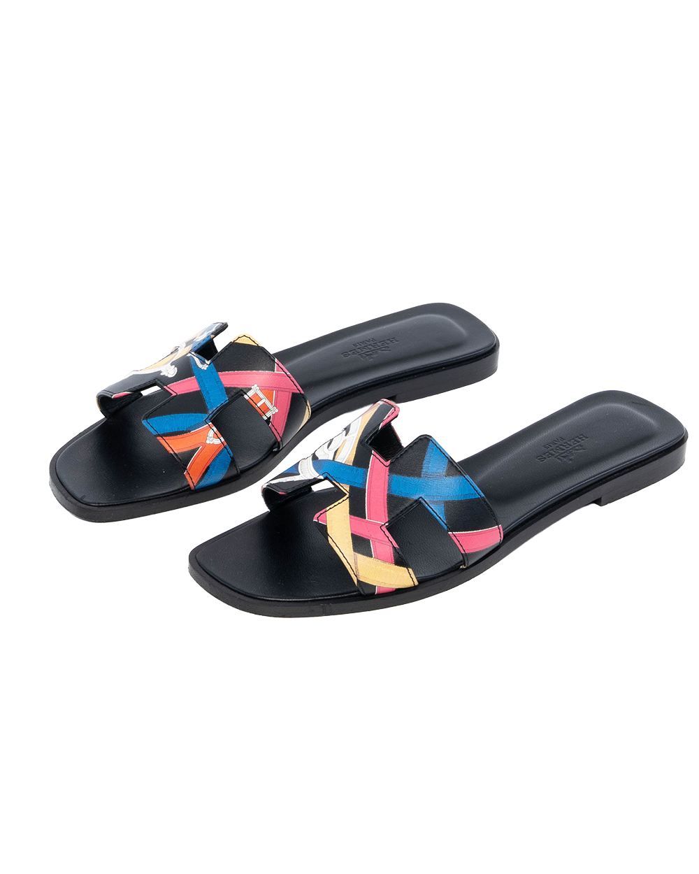 HERMES ORAN SANDALS 38.5 BLACK MULTICOLOR 1330