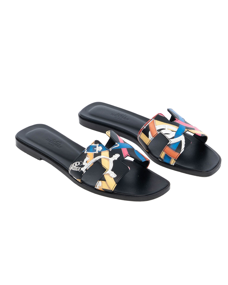 HERMES ORAN SANDALS 38.5 BLACK MULTICOLOR 1331