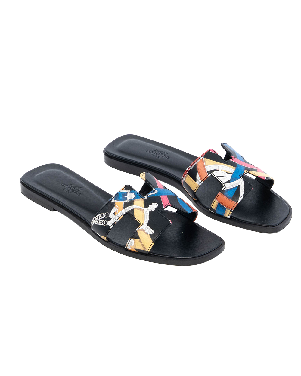 HERMES ORAN SANDALS 38.5 BLACK MULTICOLOR 1331