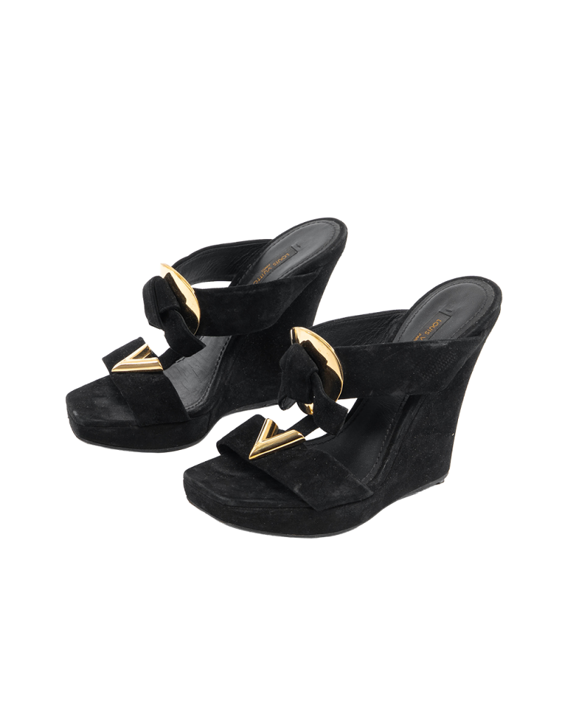 LV SUEDE MEDALLION SANDALS 35 BLACK CALF GHW MA0135 5467