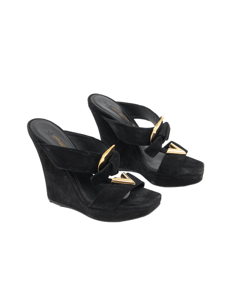LV SUEDE MEDALLION SANDALS 35 BLACK CALF GHW MA0135 5468