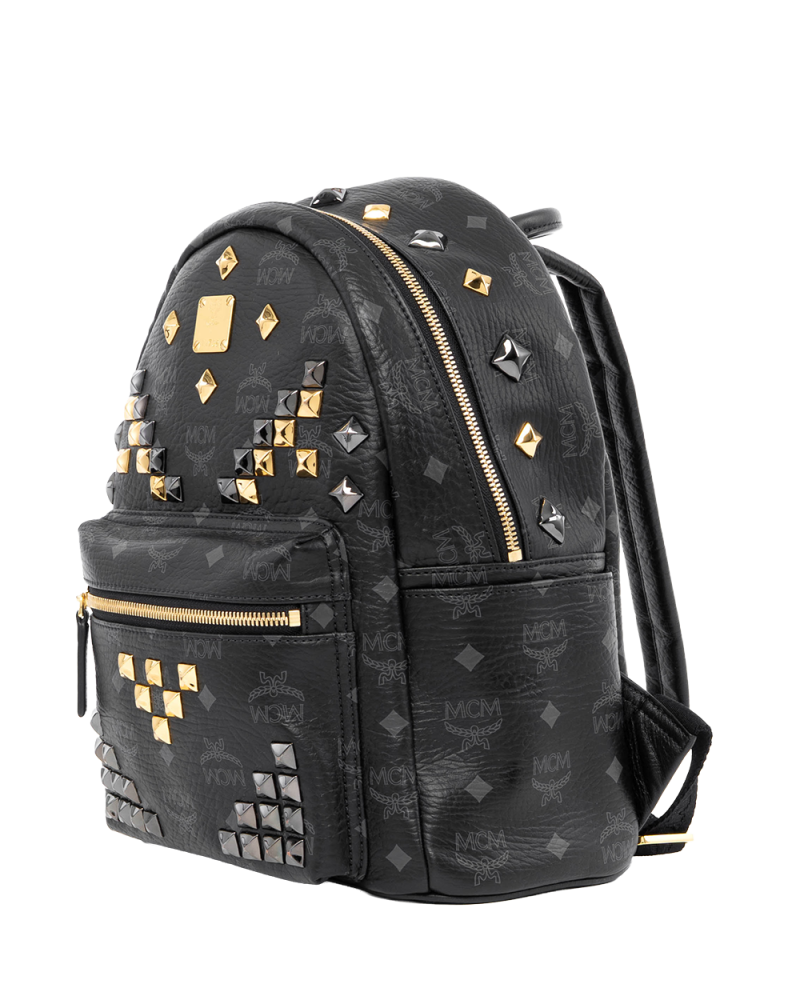 MCM BACKPACK ROCKSTUD SMALL BLACK CANVAS GHW 4082