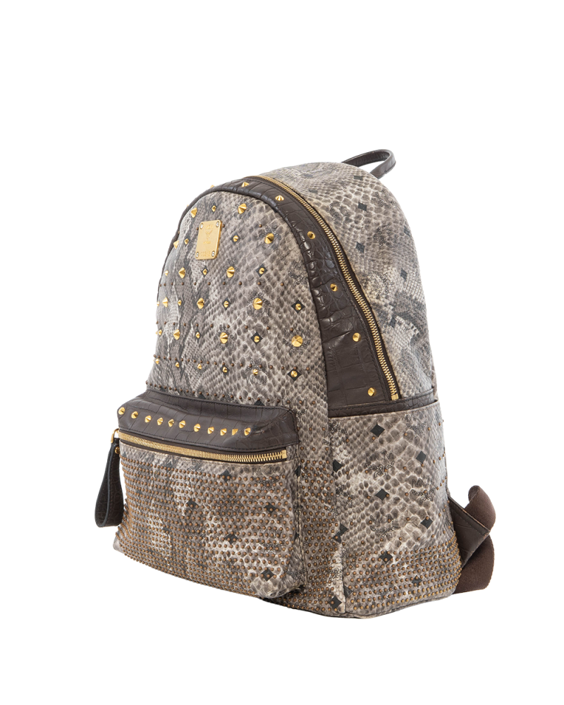 MCM BACKPACK ROCKSTUD SMALL BLACK GRAY SNAKESKIN GHW 3041
