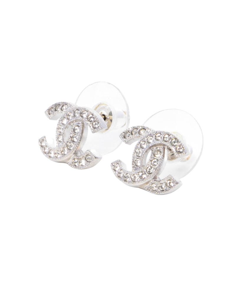 NEW CHANEL LADIES FIRST EARRINGS 1.5 CM SILVER CRYSTAL SHW F25 V 0066