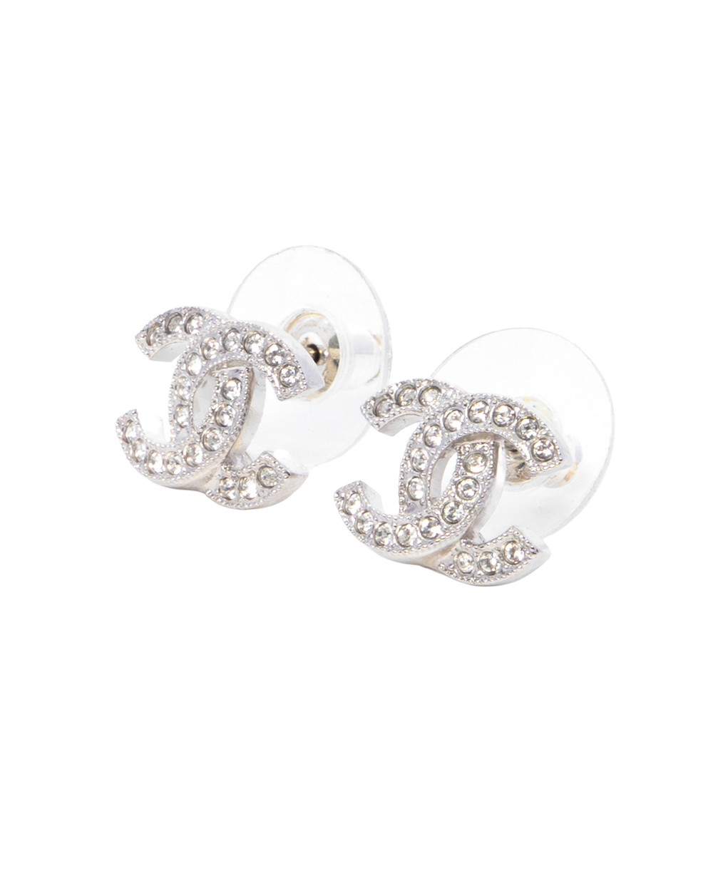 NEW CHANEL LADIES FIRST EARRINGS 1.5 CM SILVER CRYSTAL SHW F25 V 0066