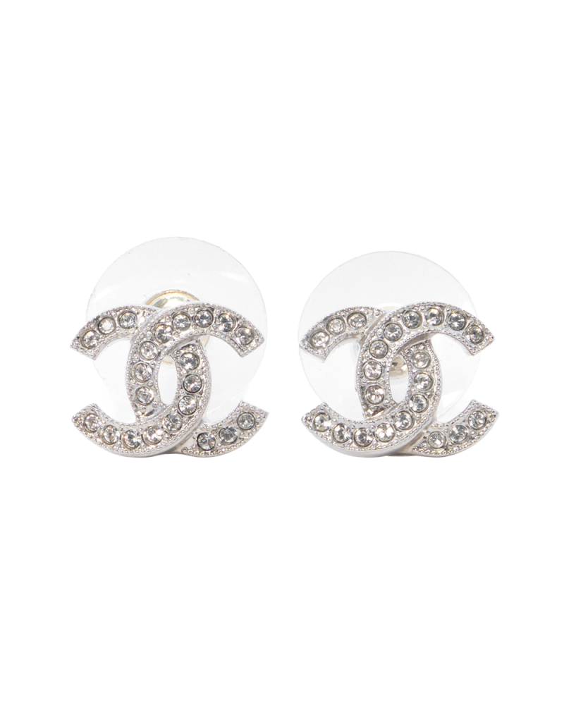 NEW CHANEL LADIES FIRST EARRINGS 1.5 CM SILVER CRYSTAL SHW F25 V 0069