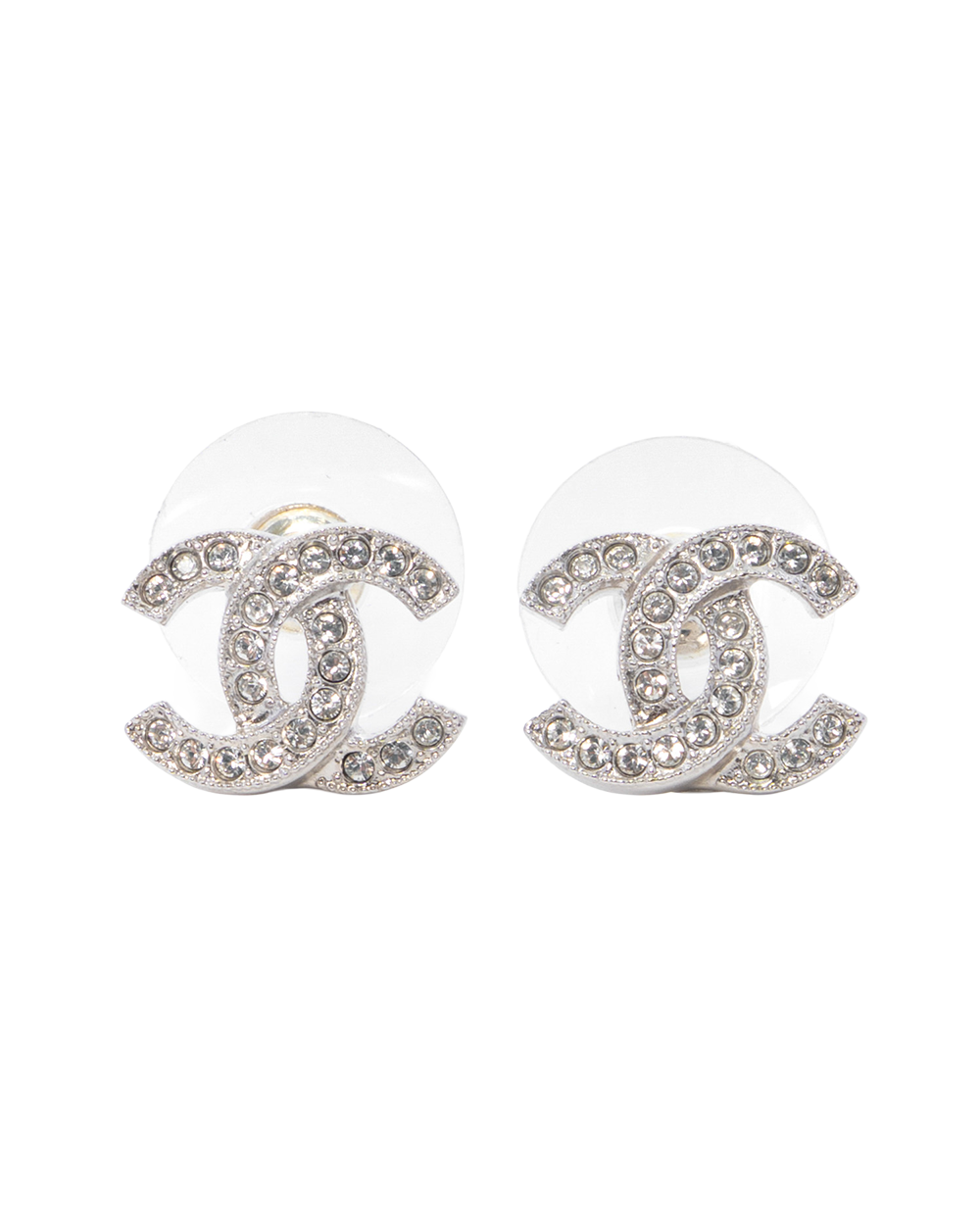 NEW CHANEL LADIES FIRST EARRINGS 1.5 CM SILVER CRYSTAL SHW F25 V 0069