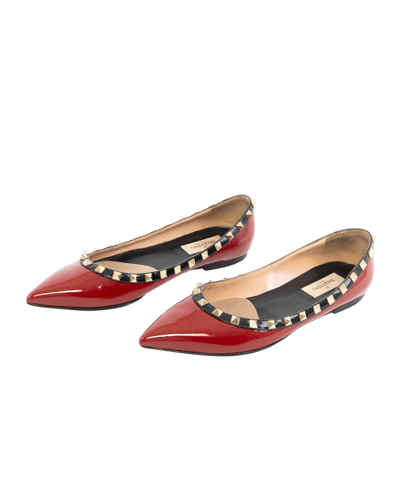 VALENTINO GARAVANI FLATS 38.5 RED BLACK VERNIS GHW 0588