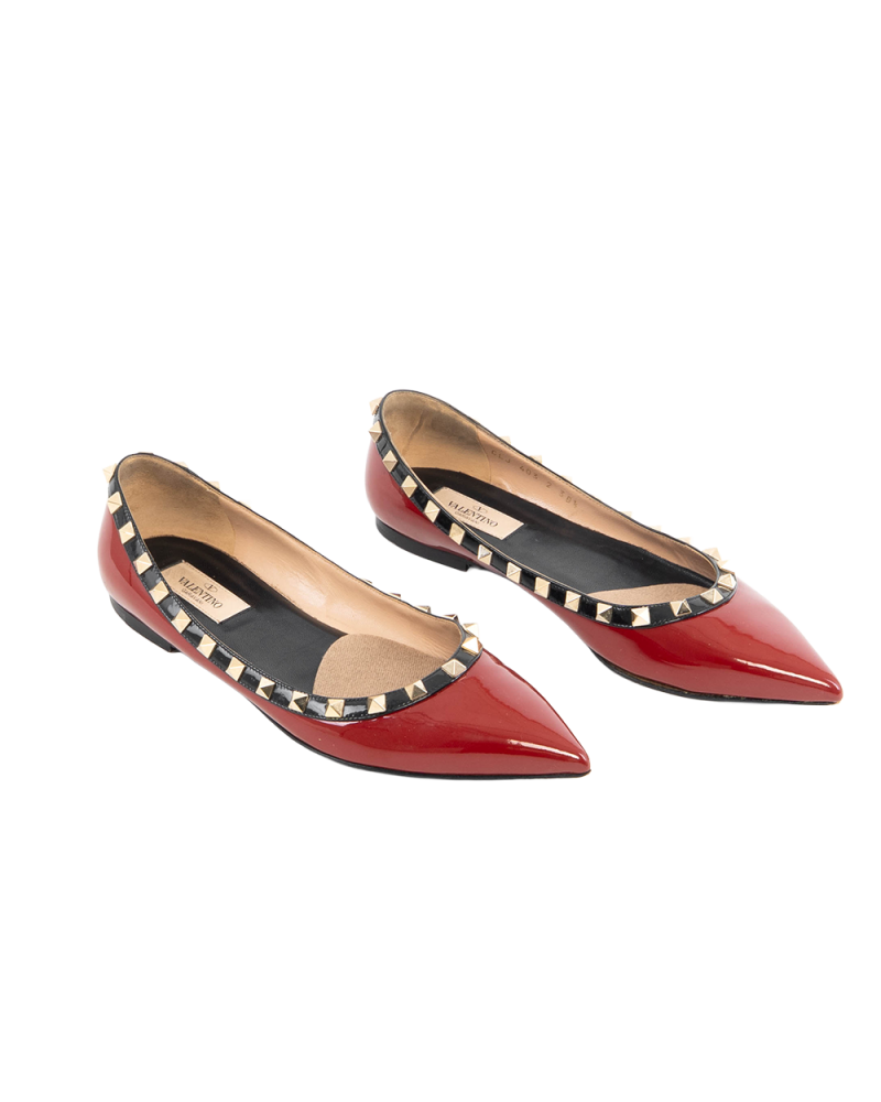 VALENTINO GARAVANI FLATS 38.5 RED BLACK VERNIS GHW 0589