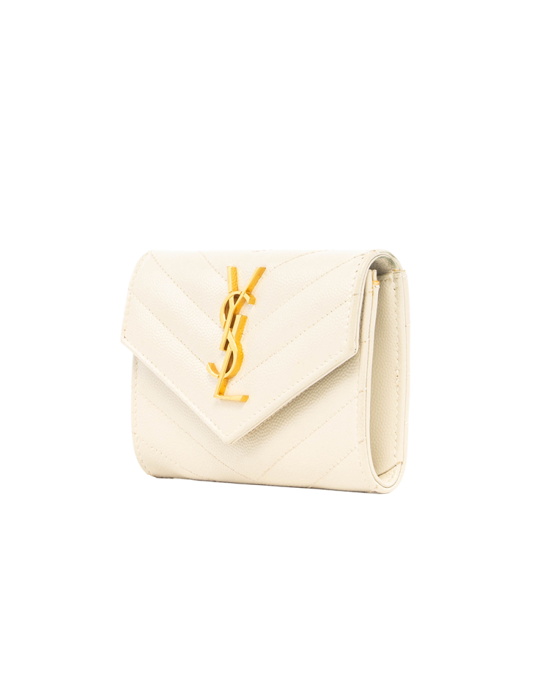 YSL CARD HOLDER SHORT BEIGE CHEVRON GHW ART414404 0222 8173