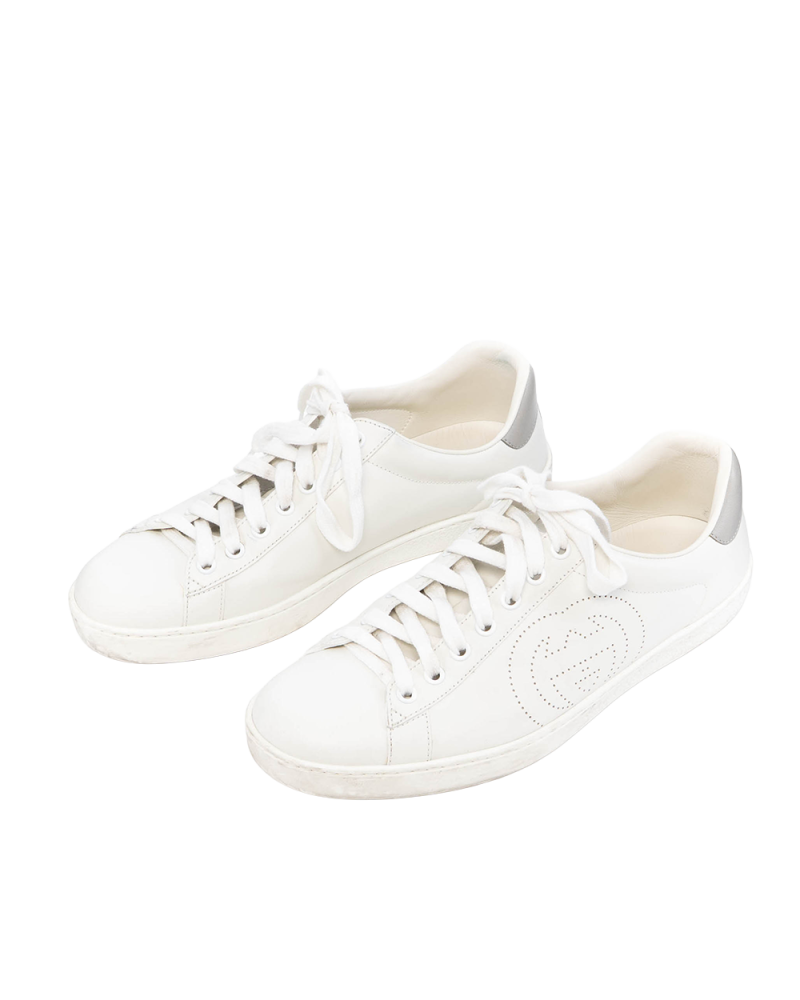 GUCCI ACE SNEAKERS WITH INTERLOCKING G 7 WHITE GRAY LEATHER 1328