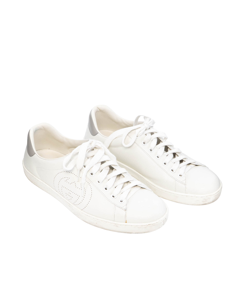 GUCCI ACE SNEAKERS WITH INTERLOCKING G 7 WHITE GRAY LEATHER 1329