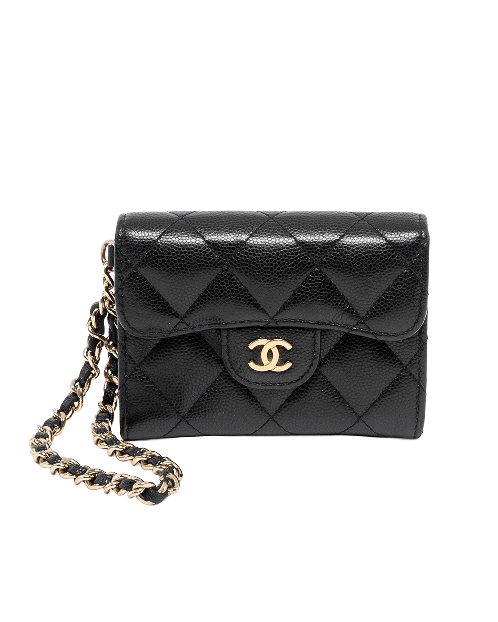 CHANEL CARD HOLDER WITH CHAIN SHORT BLACK CAVIAR GHW 30958337 01496