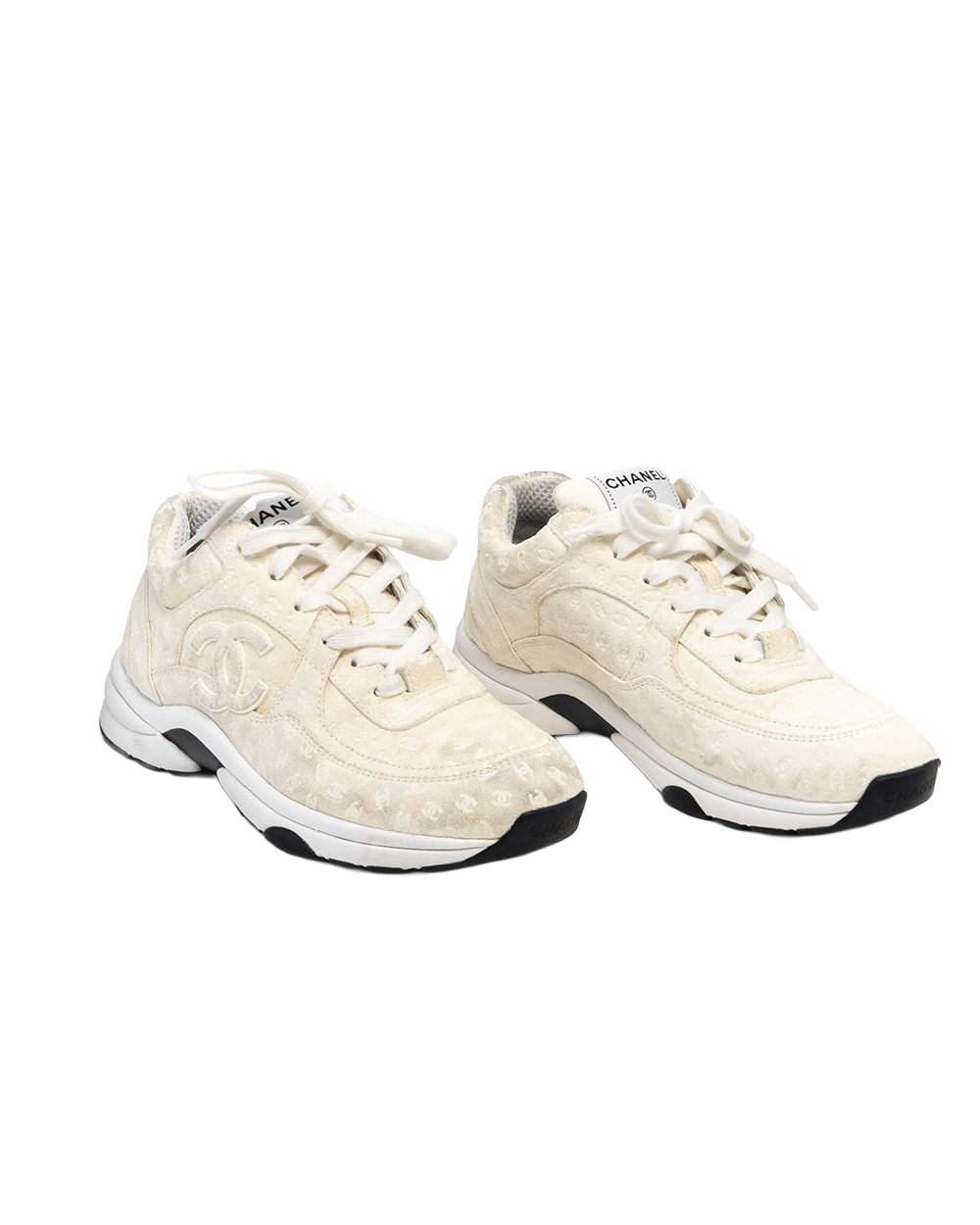 CHANEL CC SUEDE PANELLED SNEAKERS 38 WHITE W G39290 4168