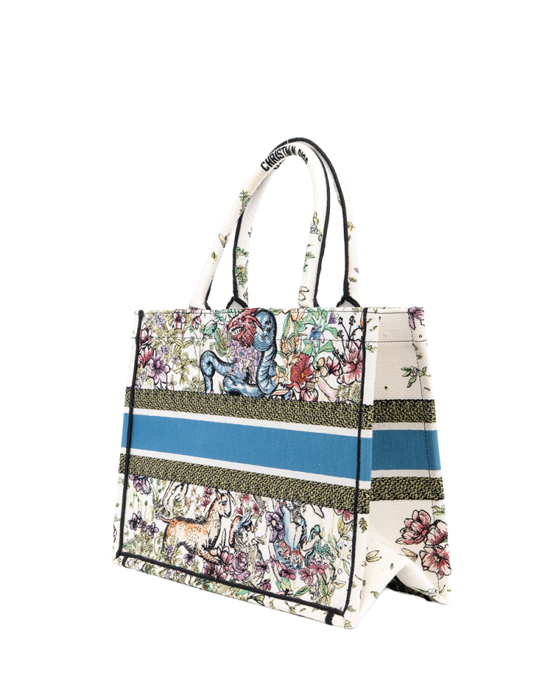 DIOR BOOK TOTE MEDIUM WHITE FLOWER AND WILD ANIMALS OBLIQUE