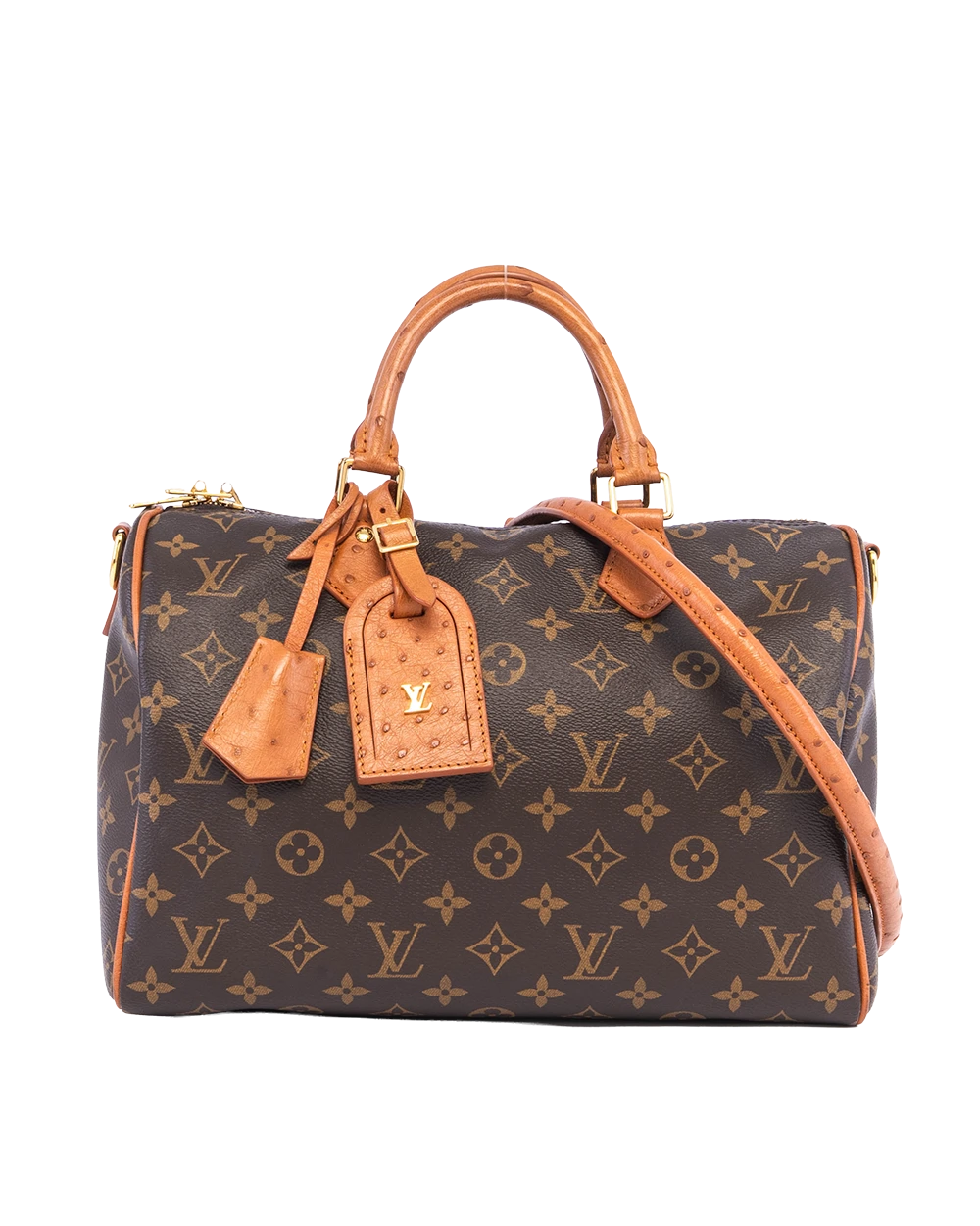 LV SPEEDY SOFT 30 BROWN OSTRICH MONOGRAM CANVAS GHW MICROCHIP 05656