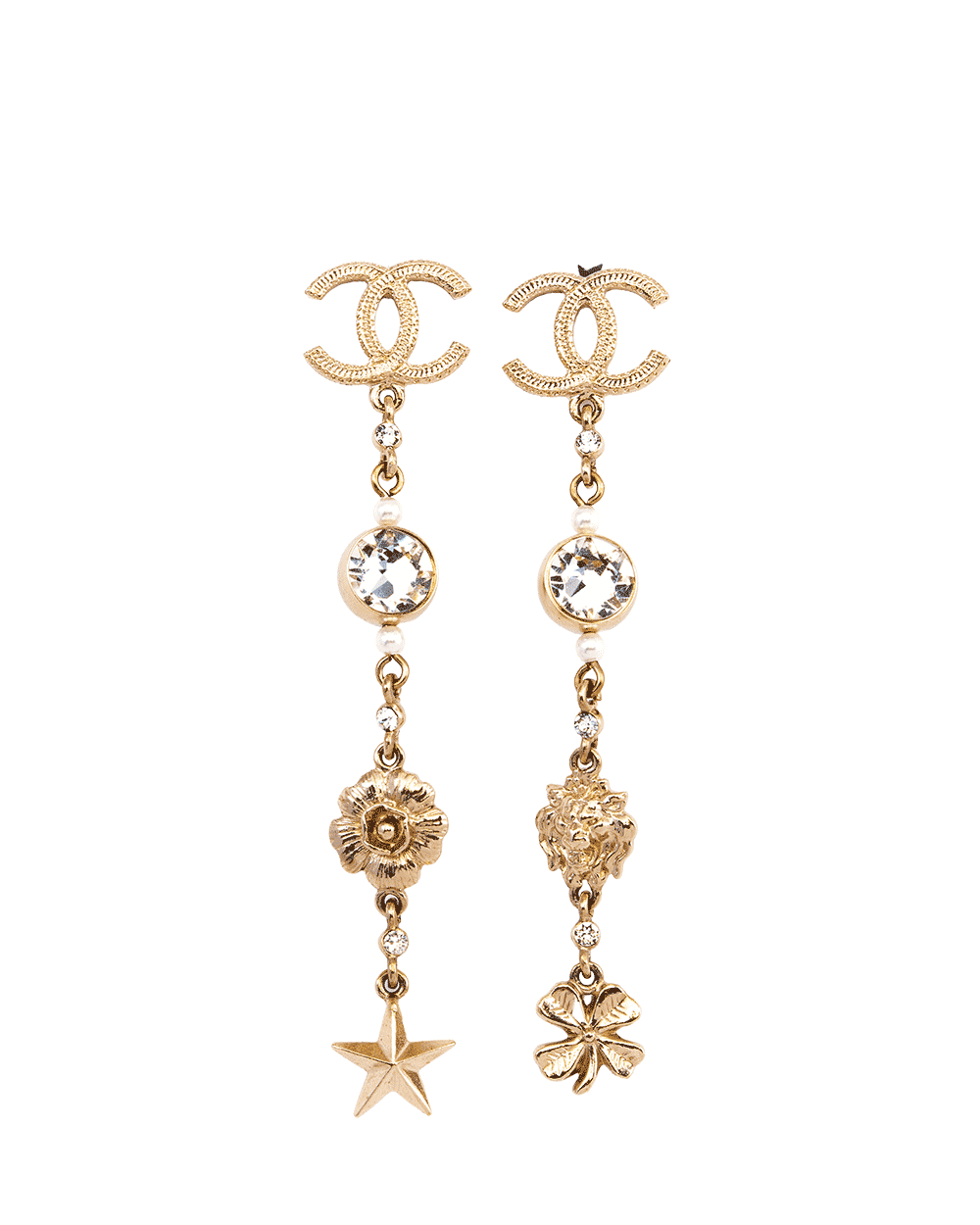 29 CHANEL LION FLOWER STAR CLOVER LONG PIERCING EARRINGS GOLD 0269