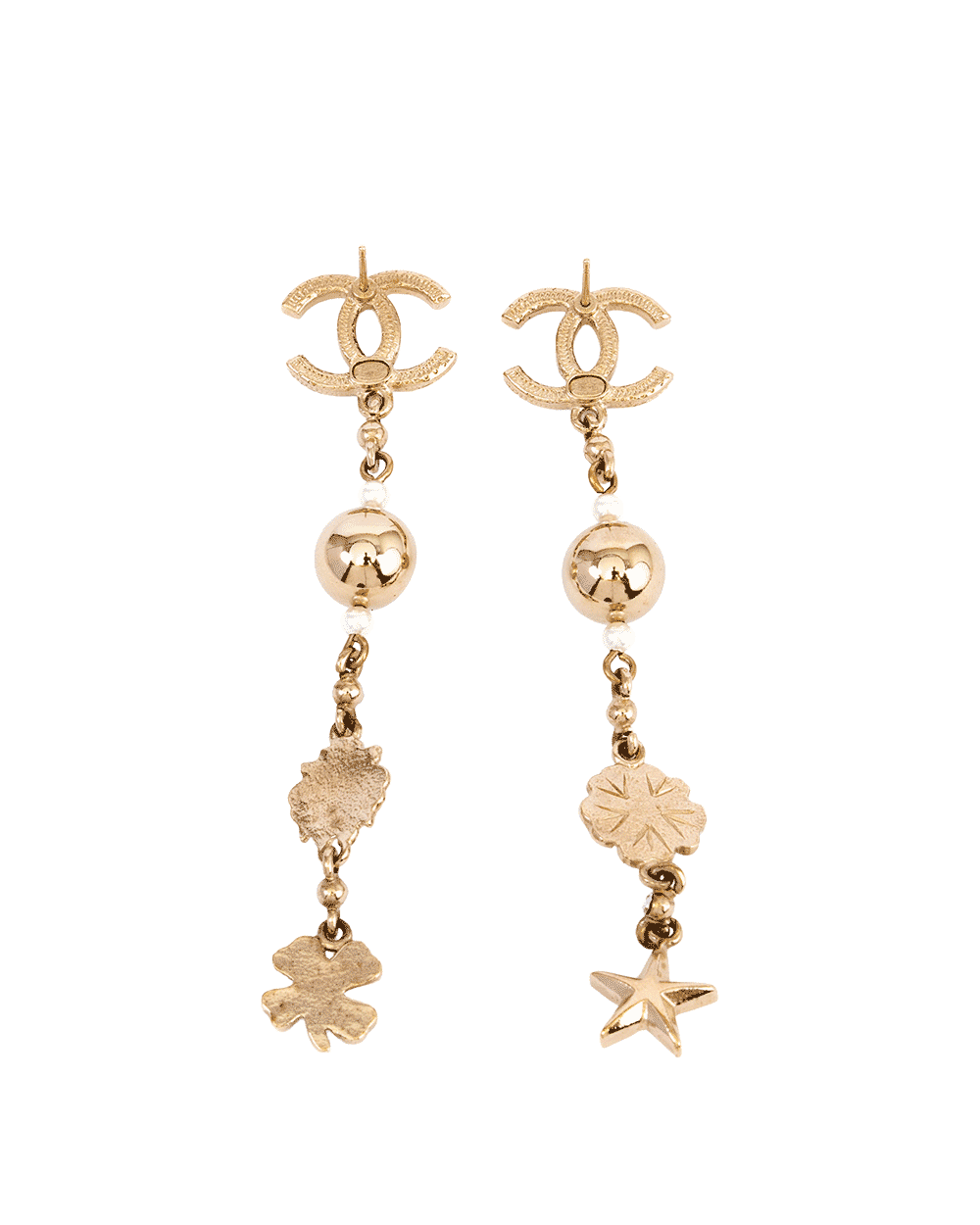 29 CHANEL LION FLOWER STAR CLOVER LONG PIERCING EARRINGS GOLD 0271