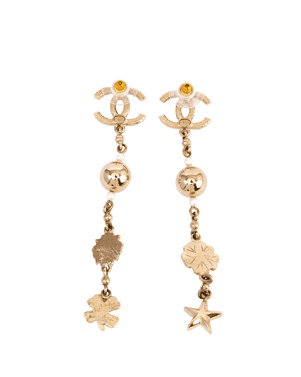29 CHANEL LION FLOWER STAR CLOVER LONG PIERCING EARRINGS GOLD 0272