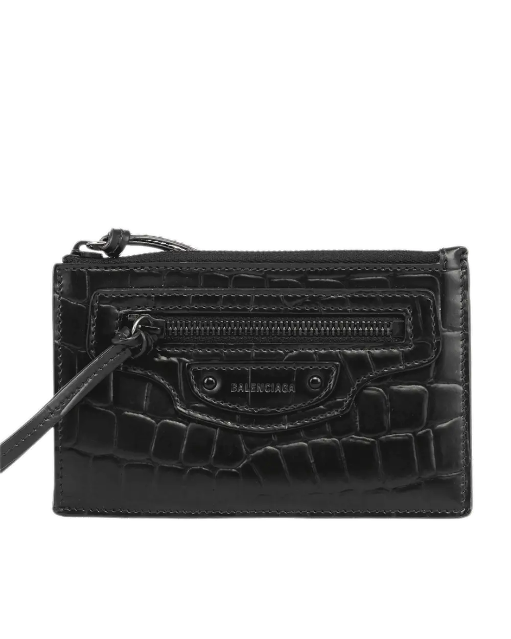 BALENCIAGA NEO COIN PURSE CARD SLOT SHORT BLACK CROC EMBOSSED SOBLACK 2362