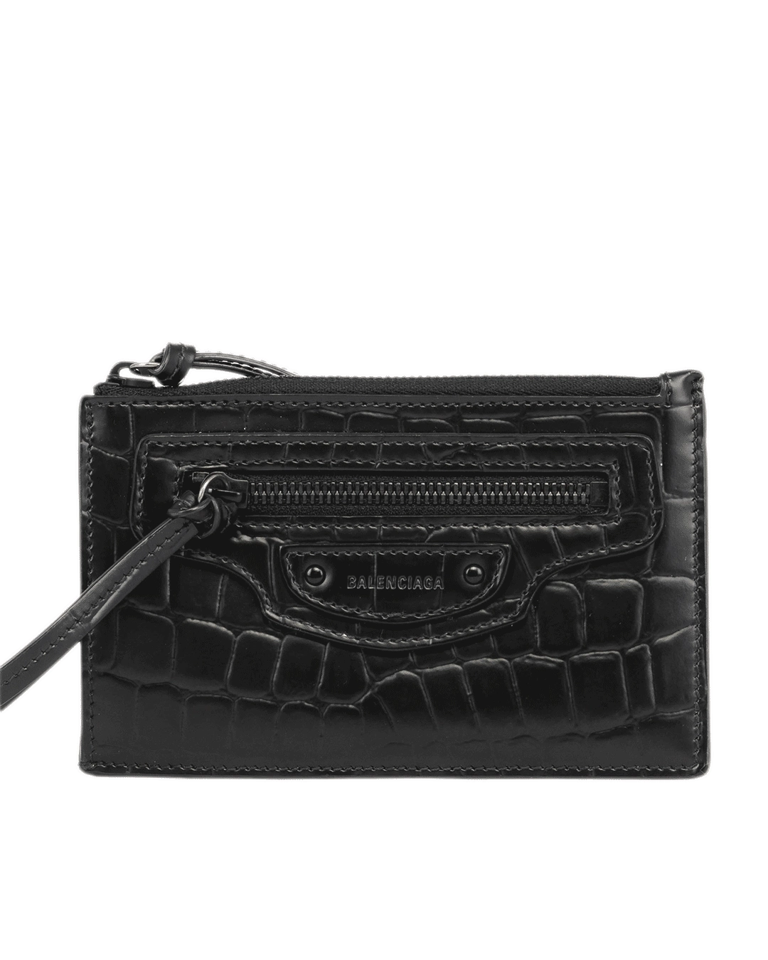 BALENCIAGA NEO COIN PURSE CARD SLOT SHORT BLACK CROC EMBOSSED SOBLACK 2362