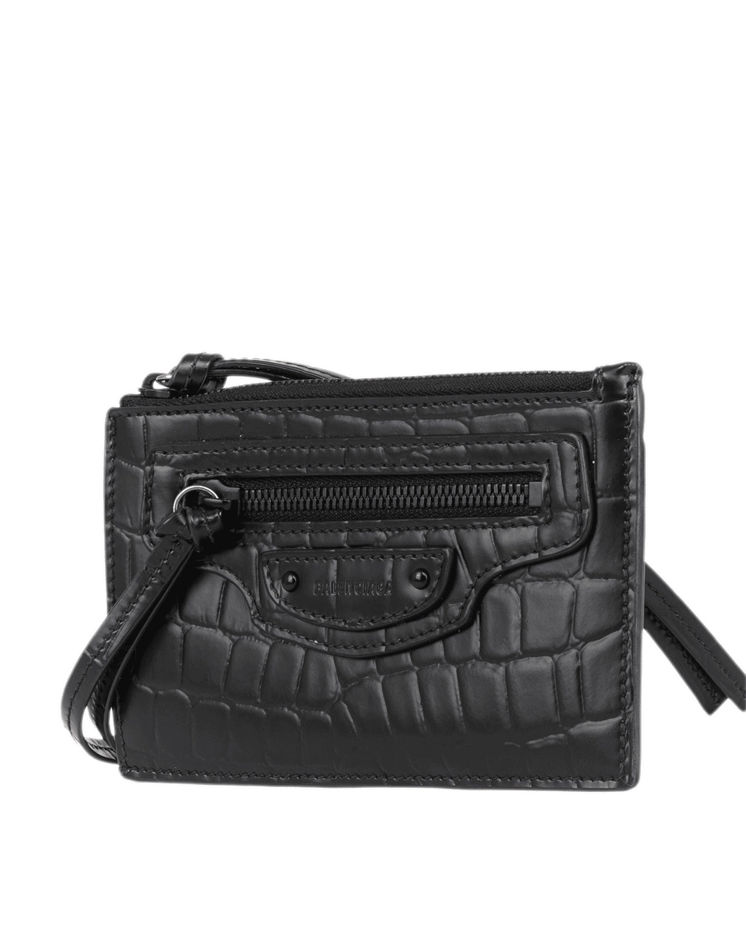 BALENCIAGA NEO COIN PURSE CARD SLOT SHORT BLACK CROC EMBOSSED SOBLACK 2363