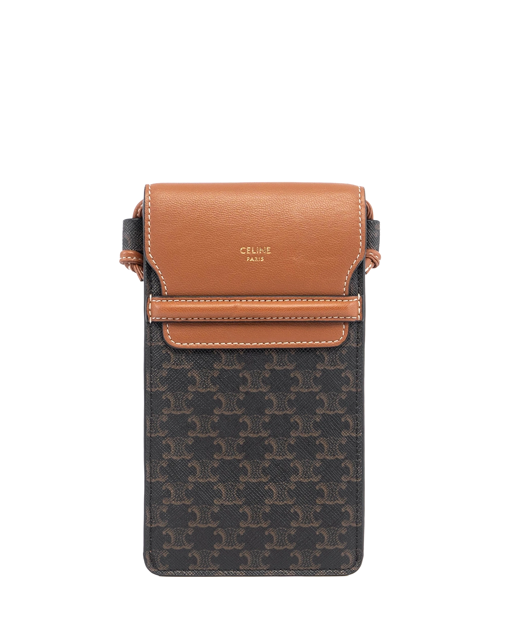 CELINE PHONE POUCH IN TRIOMPHE BROW TAN CANVAS AND LAMB F GA 0281 05164
