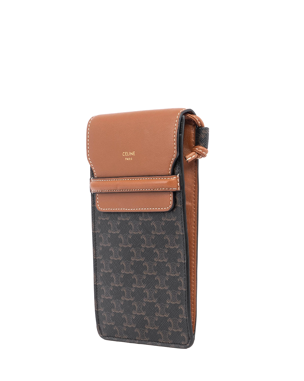 CELINE PHONE POUCH IN TRIOMPHE BROW TAN CANVAS AND LAMB F GA 0281 05165