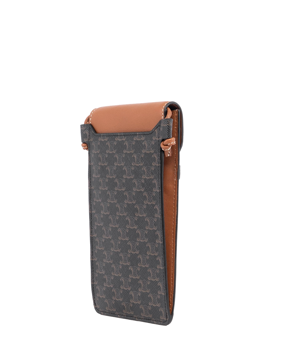 CELINE PHONE POUCH IN TRIOMPHE BROW TAN CANVAS AND LAMB F GA 0281 05167