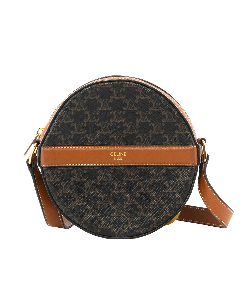 CELINE ROUND PURSE ON STRAP BROW TAN CANVAS GHW F SD 3250 2437