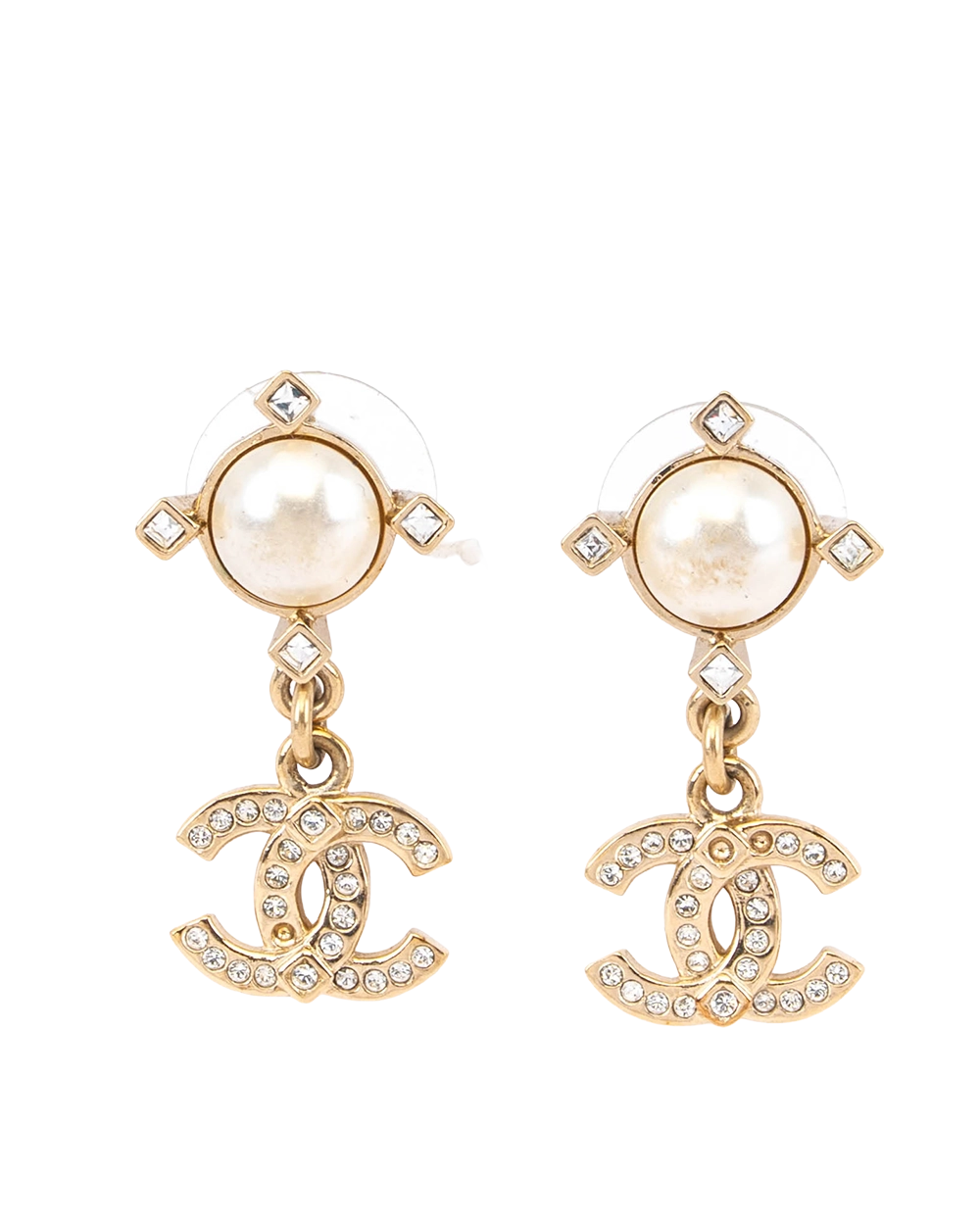 CHANEL CC CRYSTAL AND FAUX PEARL DROP EARRING 1.5 CM GHW 0820