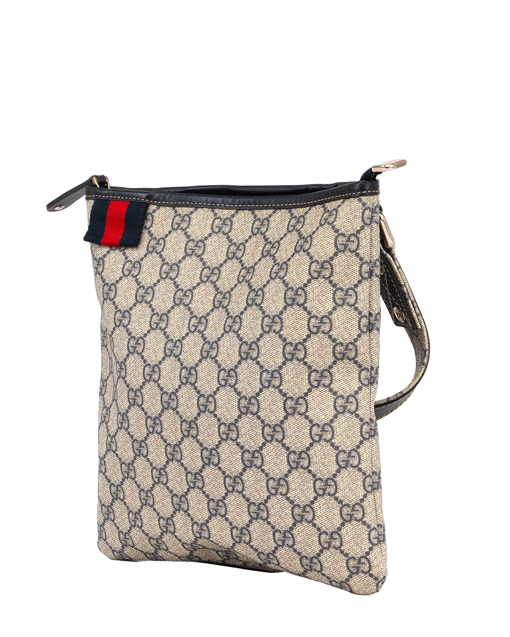 GUCCI FLAT SIDE ZIP MESSENGER BAG BLACK BEIGE GG MONOGRAM CANVAS SHW 246413 486628 2070