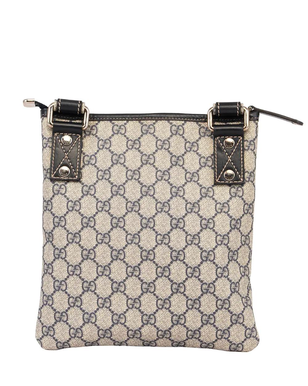GUCCI FLAT SIDE ZIP MESSENGER BAG BLACK BEIGE GG MONOGRAM CANVAS SHW 246413 486628 2072